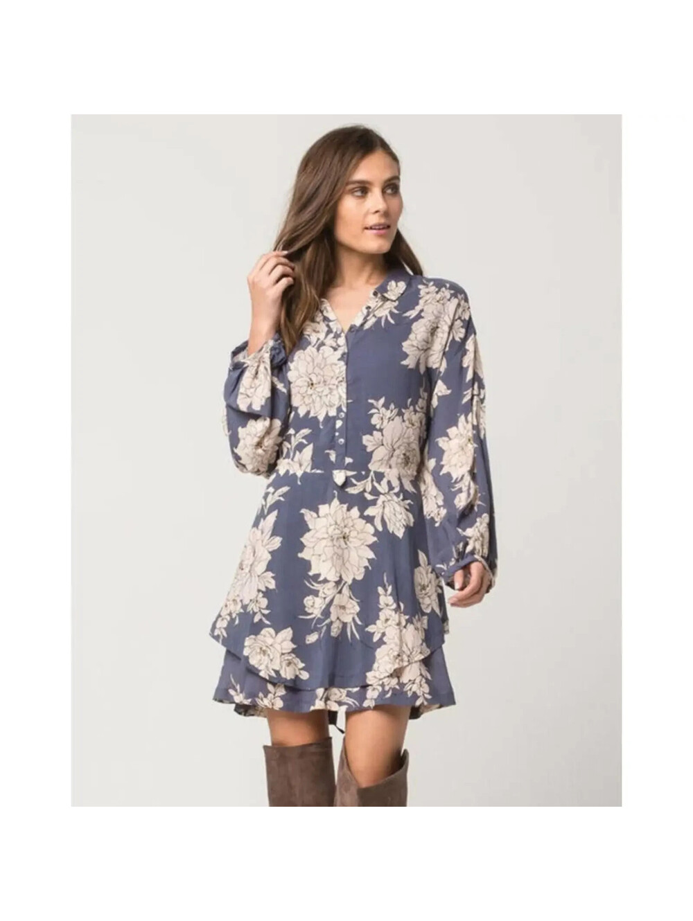 Free People Blue Cream Floral Short Dress Long Sleeve Size Med